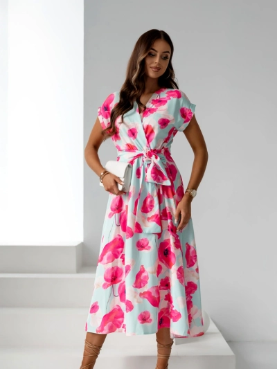 Royalfashion Women's midi dress with short sleeves, wrap neckline in spring flowers