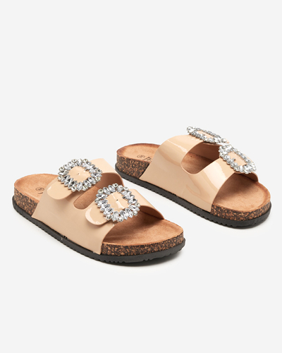 Beige women's slippers with decorated clasps. Olimika - Footwear