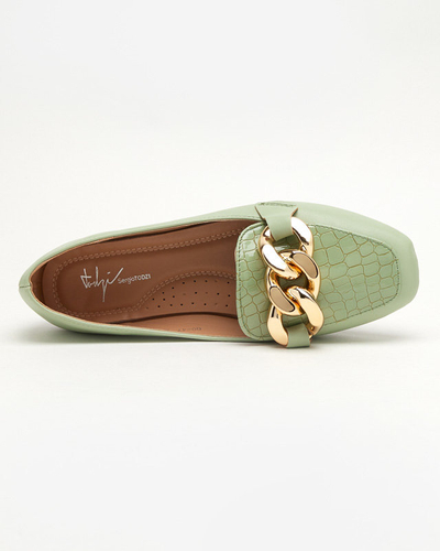 OUTLET Green eco-leather women's loafers with a chain Flamii - Shoes