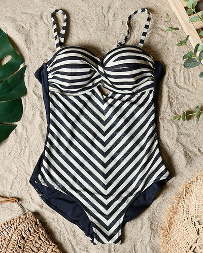 One-piece black women's striped swimsuit- Underwear