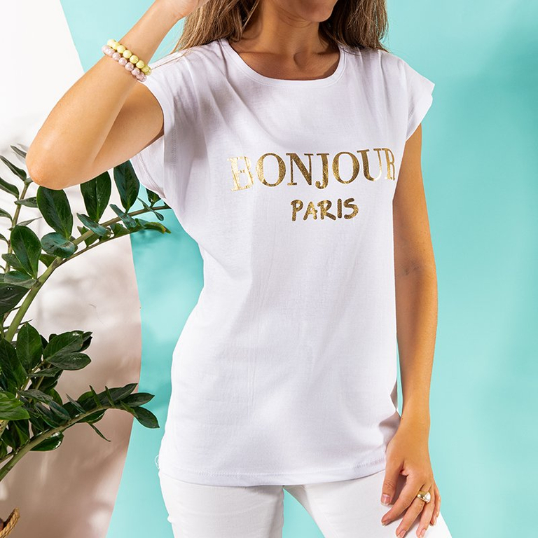 Women's white cotton t-shirt with print - Clothing