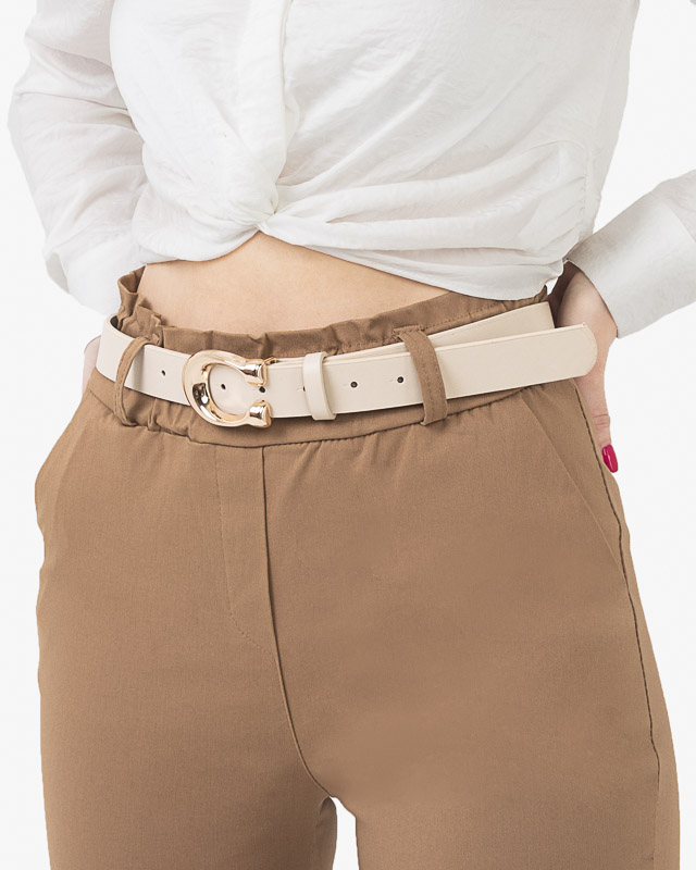 Beige women's belt with a gold "C" buckle - Accessories