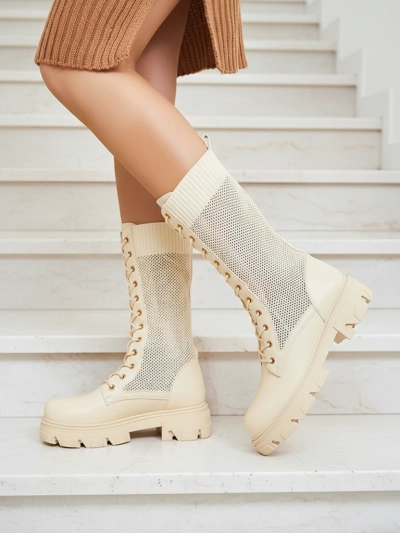 Royalfashion Women's openwork cream lace-up boots Buhomias