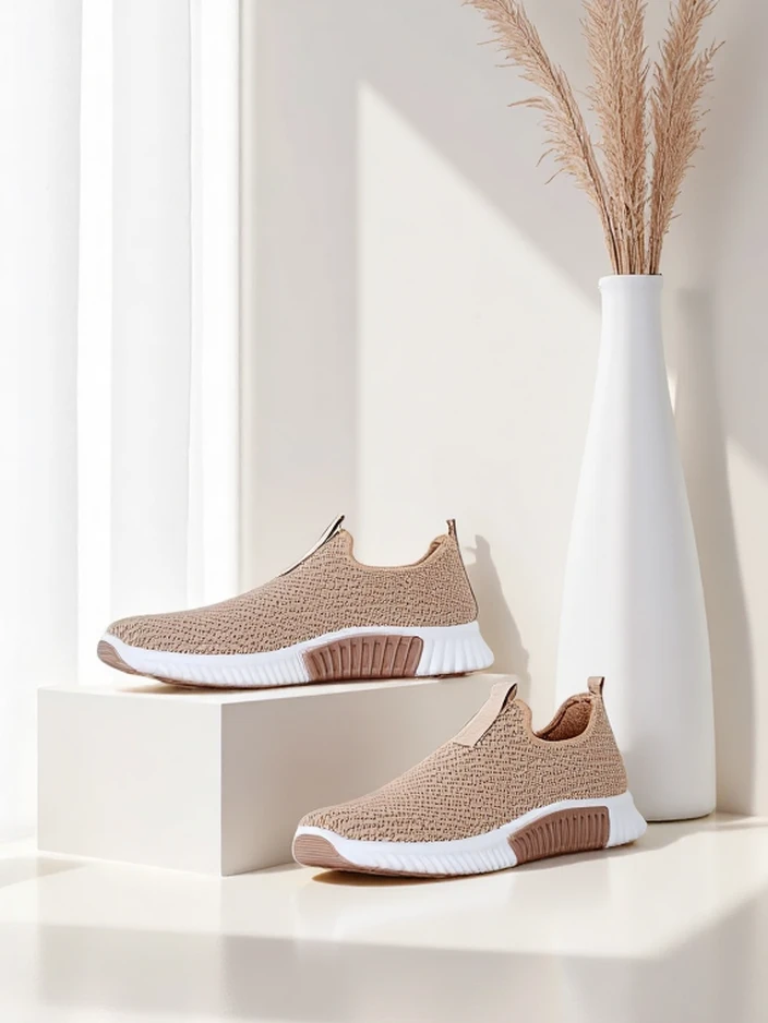 Damskie slip-ony Selene jasny brąz, tkanina, płaski obcas, komfort