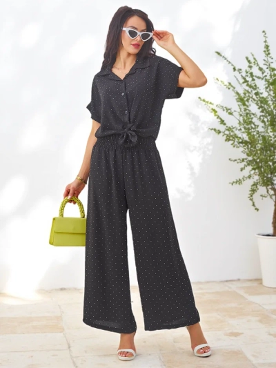 Royalfashion Women's set with a tied short-sleeve shirt and flared pants with rhinestones