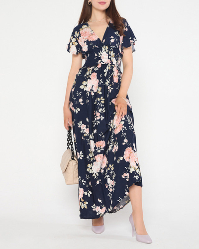 Navy airy women's floral dress with short sleeves - Clothing