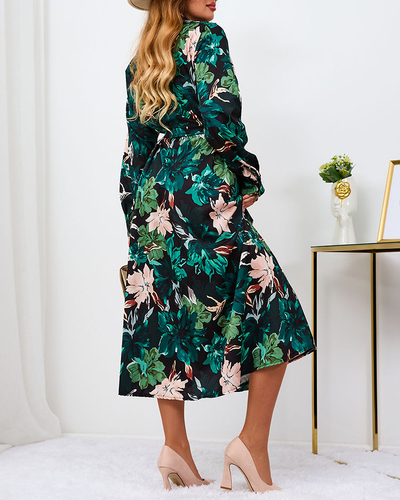 Royalfashion Melnā un zaļā rakstainā sieviešu maxi kleita