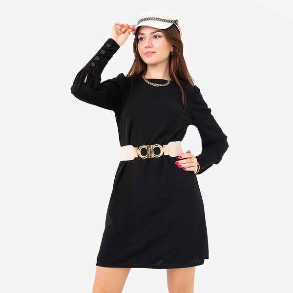 Beige elastic belt with a decorative golden buckle - Accessories