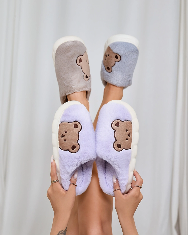 Royalfashion Women's fur slippers with teddy bear in purple Fetemes