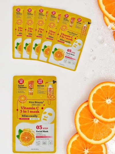 3-in-1 maska – 1 sejas attīrīšana, 2 serums, 3 izgaismojoša maska ar C vitamīnu