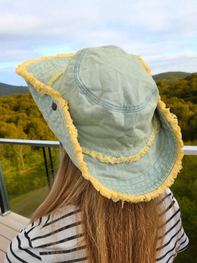 Aristea women's sun hat pastel denim with yellow boho trim
