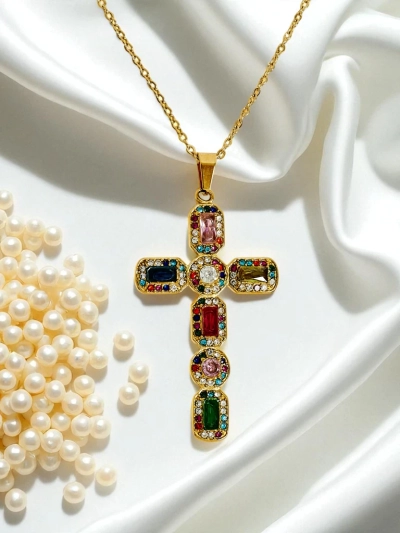 Aurelia Lux Colorful Cross Gold Glamour Necklace with Stones