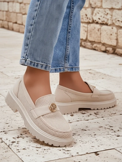 Callista beige women's loafers made of eco-suede on a 4 cm flat sole