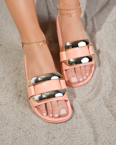 Oranžas sieviešu čības ar zelta ornamentu Serina - Apavi