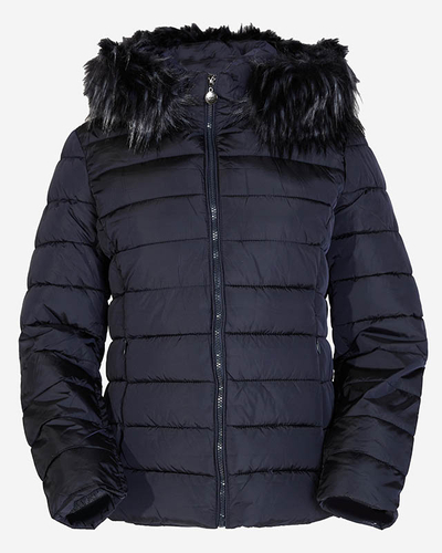 Navy blue women's quilted jacket with hood and fur- Clothing