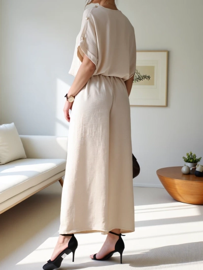Royalfashion Women's casual set with a short sleeve blouse and wide pants