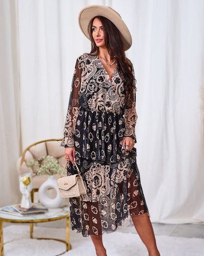 Royalfashion Melnbalts un bēšs sieta midi kleita ar apdruku