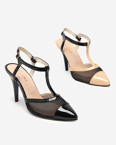 Beige and black women's sandals on a high heel with covered fingers Niddl- Footwear