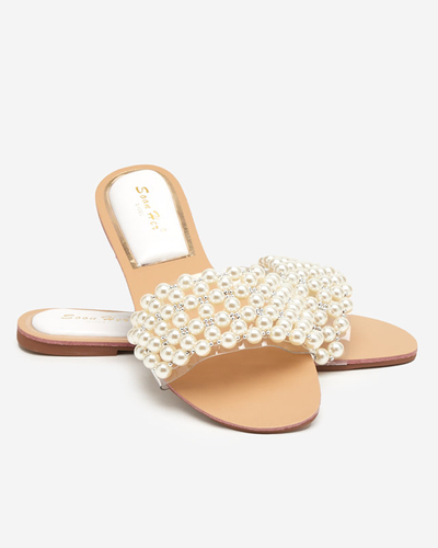Women's white slippers with pearls Faldei. Footwear