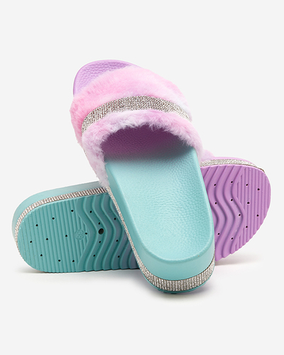 Violet-mint women's slippers with fur and cubic zirconia Zerika - Footwear