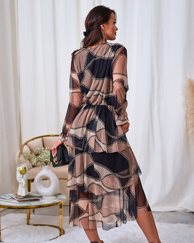 Royalfashion Melna un gaiši brūna tīklveida midi kleita ar apdruku