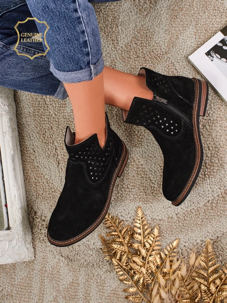 Aurelia Nero suede openwork women's ankle boots flat heel 3cm