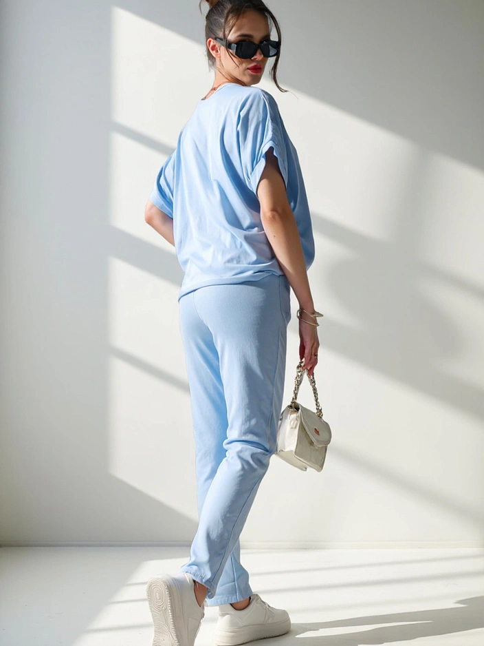 Royalfashion Sieviešu kokvilnas komplekts ar īsajām piedurknēm un taisnām biksēm