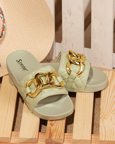 Sieviešu zaļas stepētas čības ar zelta ķēdīti Eteris - Apavi