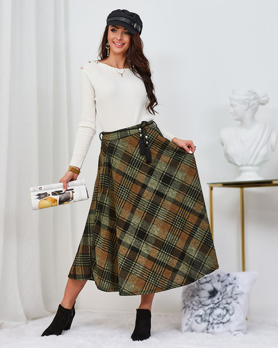 Royalfashion Light brown and green women's checkered midi skirt
