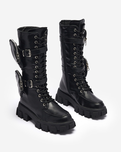 Melni strādnieku zābaki ar dekoratīvām paciņām virspusē Sello- Footwear