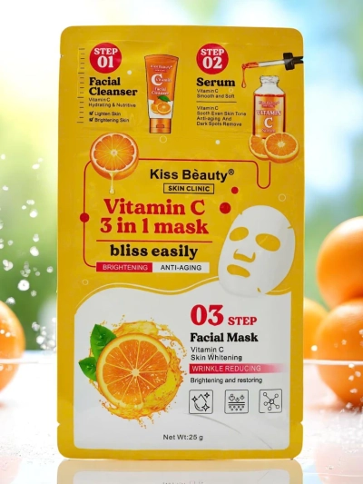 3-in-1 maska – 1 sejas attīrīšana, 2 serums, 3 izgaismojoša maska ar C vitamīnu