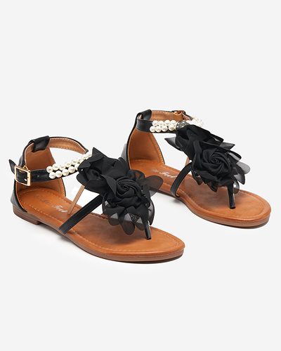 OUTLET Black women's sandals with pearls and fabric flower Amerile - Footwear