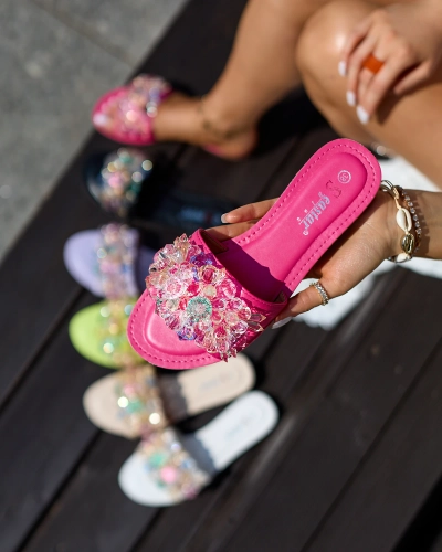 Royalfashion Женские шлепанцы цвета фуксии с разноцветными кристаллами Bling Breeze