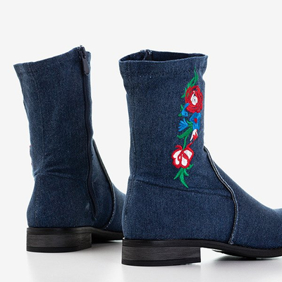 Navy blue flat heel boots with Muraja embroidery - Footwear