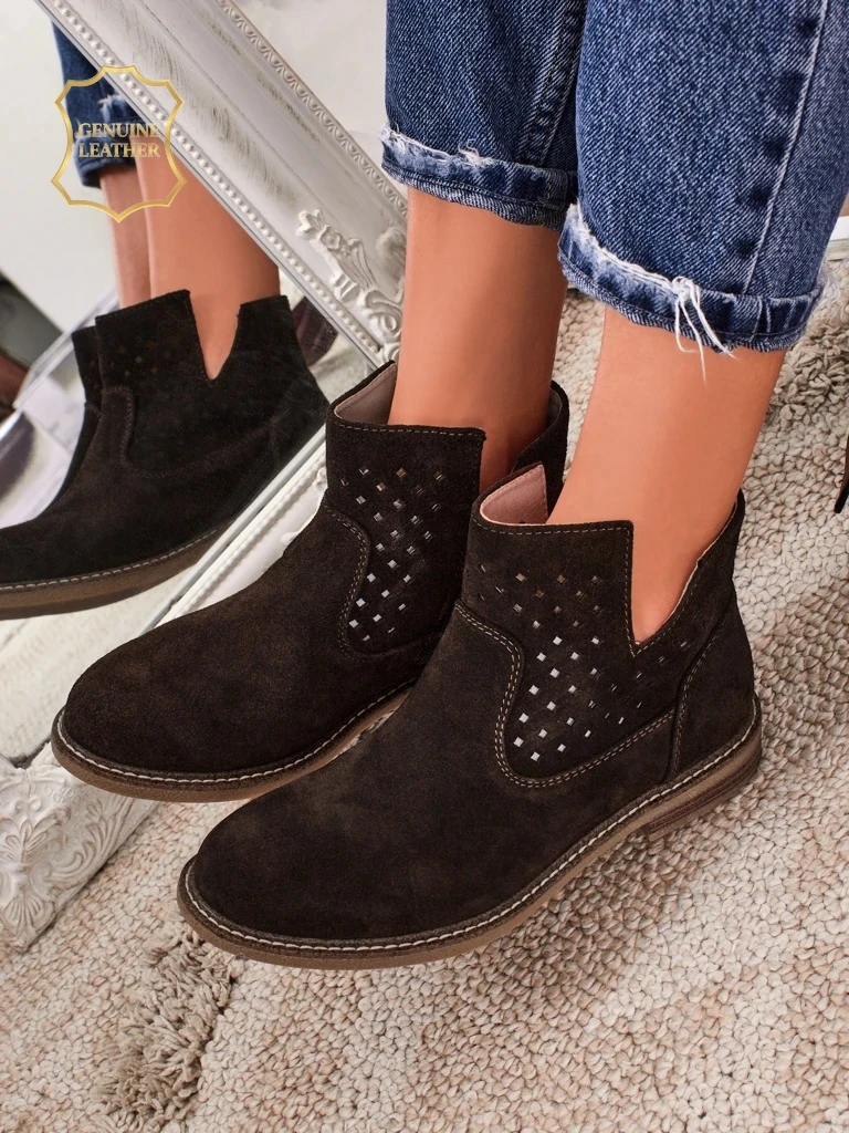 Ariadne ankle boots made of natural dark brown suede, flat 3 cm heels