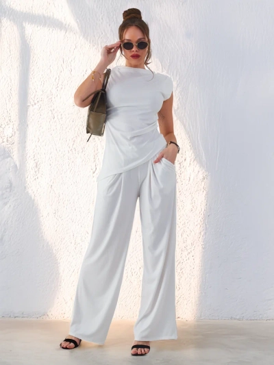 Royalfashion Women's ribbed set, with an asymmetrical sleeveless top and flared pants