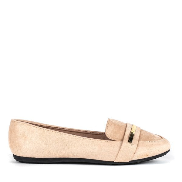 Beżowe mokasyny ze złotą ozdobą Greca - Obuwie