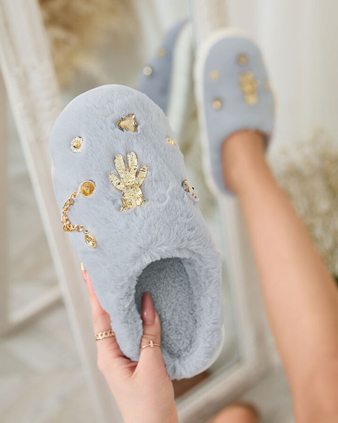 Royalfashion Zilas sieviešu kažokādas čības ar rotājumiem Erserra