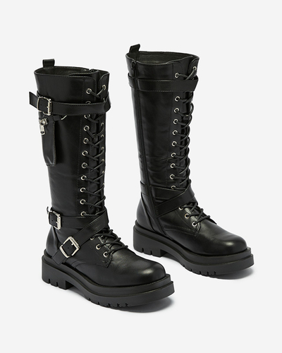 Black worker boots with decorative stripes on the upper. Imielin - Footwear