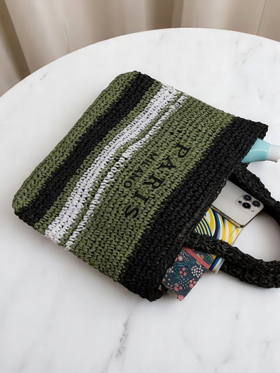 Large Parisian-striped straw women's bag