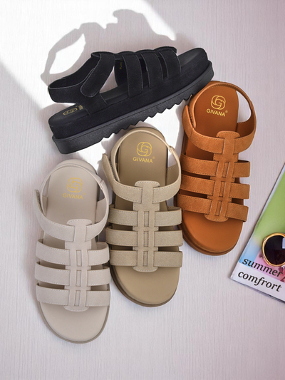 Royalfashion Sandals - Beige Suede Caligae on a Platform - Perfect for Summer and Spring