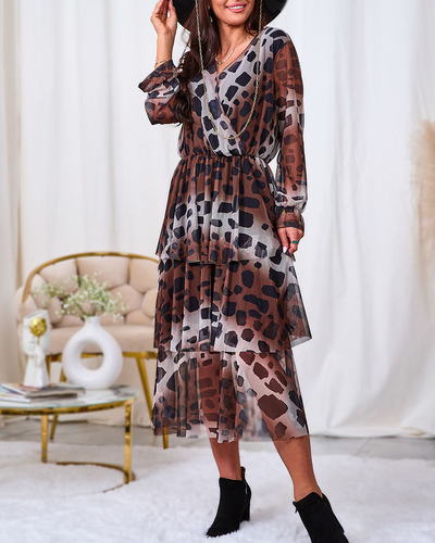 Royalfashion Черно-коричневое платье-миди из сетки с принтом