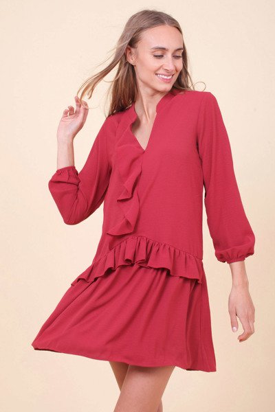 Red flared dress with frills - Clothing