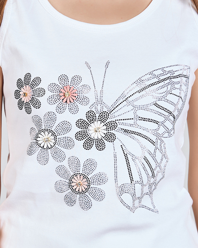 White women's top with butterfly and flowers - Clothing