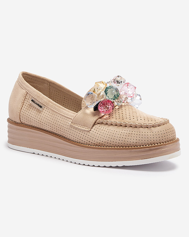 Gaiši brūni sieviešu mokasīni ar dekoratīviem kristāliem Liscutio- Footwear