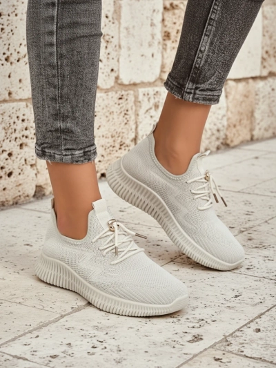 Aurelia Beige Royalfashion – Бежевые женские кроссовки из ткани на шнуровке