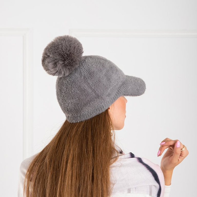 Gray women's baseball cap decorated with a pompom - Caps