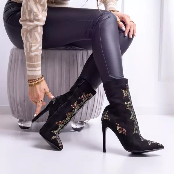 OUTLET Black suede boots with a decorative Afis-Footwear upper