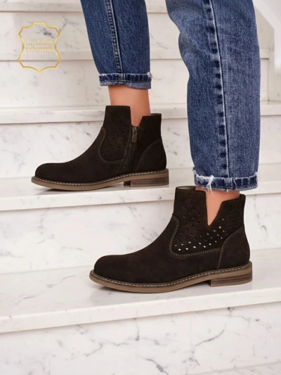 Ariadne ankle boots made of natural dark brown suede, flat 3 cm heels