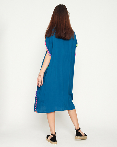 Turquoise women's summer beach tunic with pompoms - Clothing